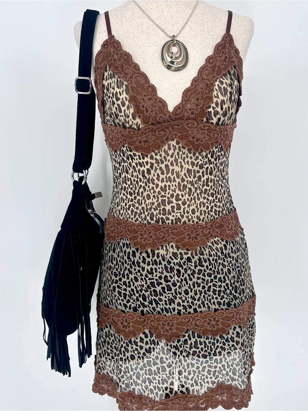 Y2K Rampage Leopard Lace Slip Dress Mini Nightgown
